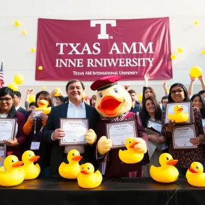 Celebration at Texas A&M International University with awards and festive decorations.