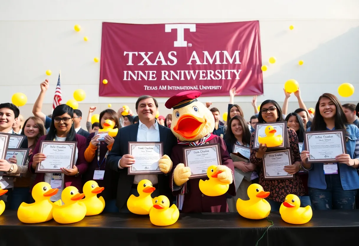 Celebration at Texas A&M International University with awards and festive decorations.