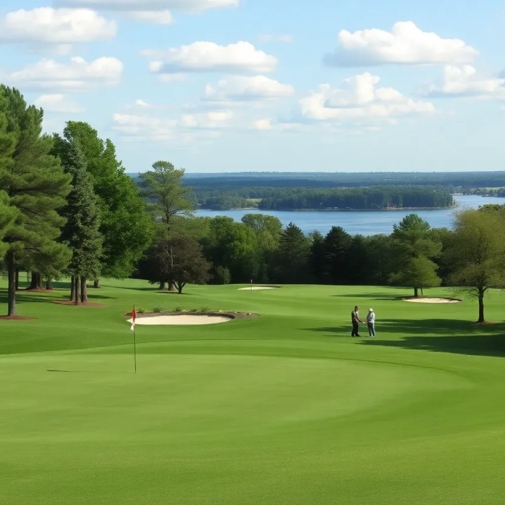 Panoramic view of Timberlake Country Club with golfers and Lake Murray