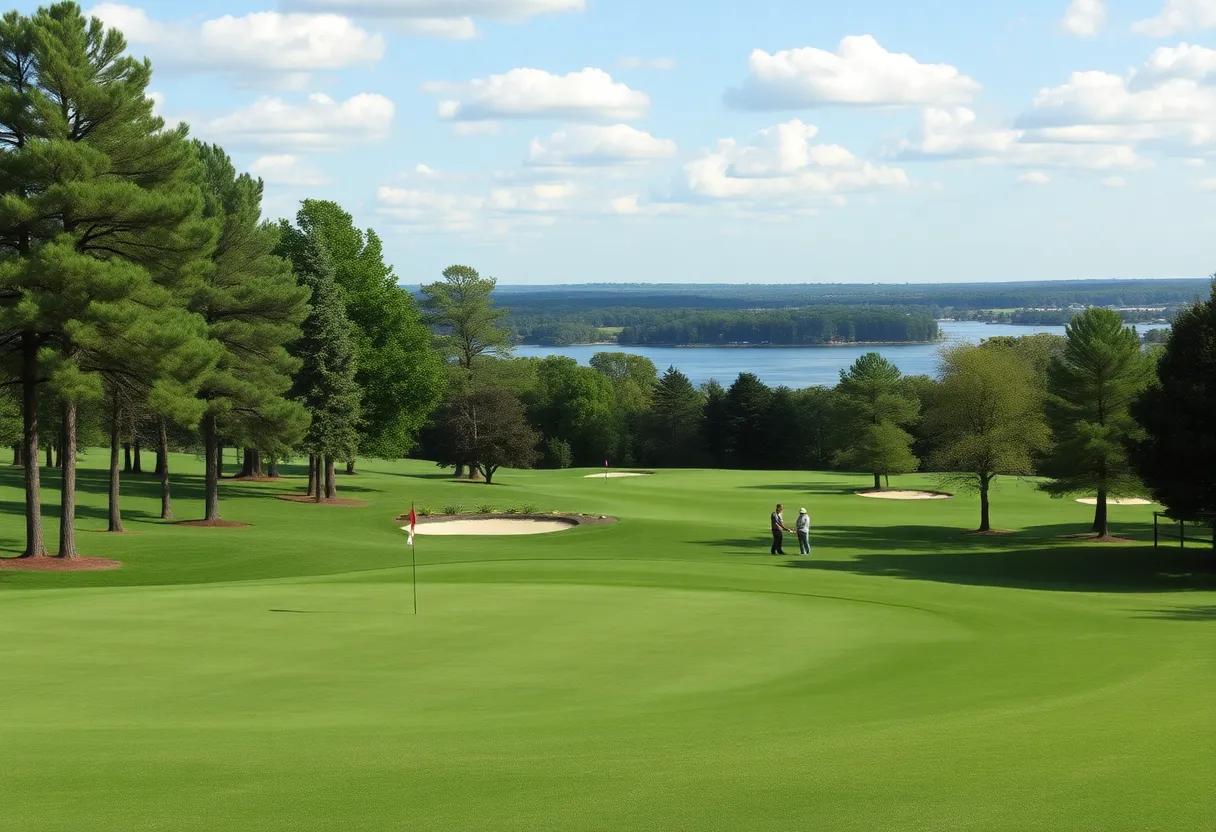 Panoramic view of Timberlake Country Club with golfers and Lake Murray