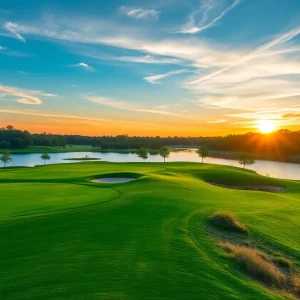 Scenic view of Timberlake Golf Course with lake in the background