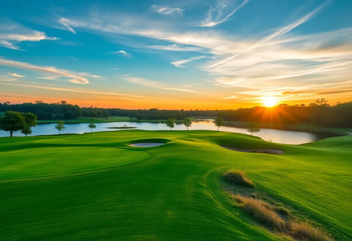 Scenic view of Timberlake Golf Course with lake in the background