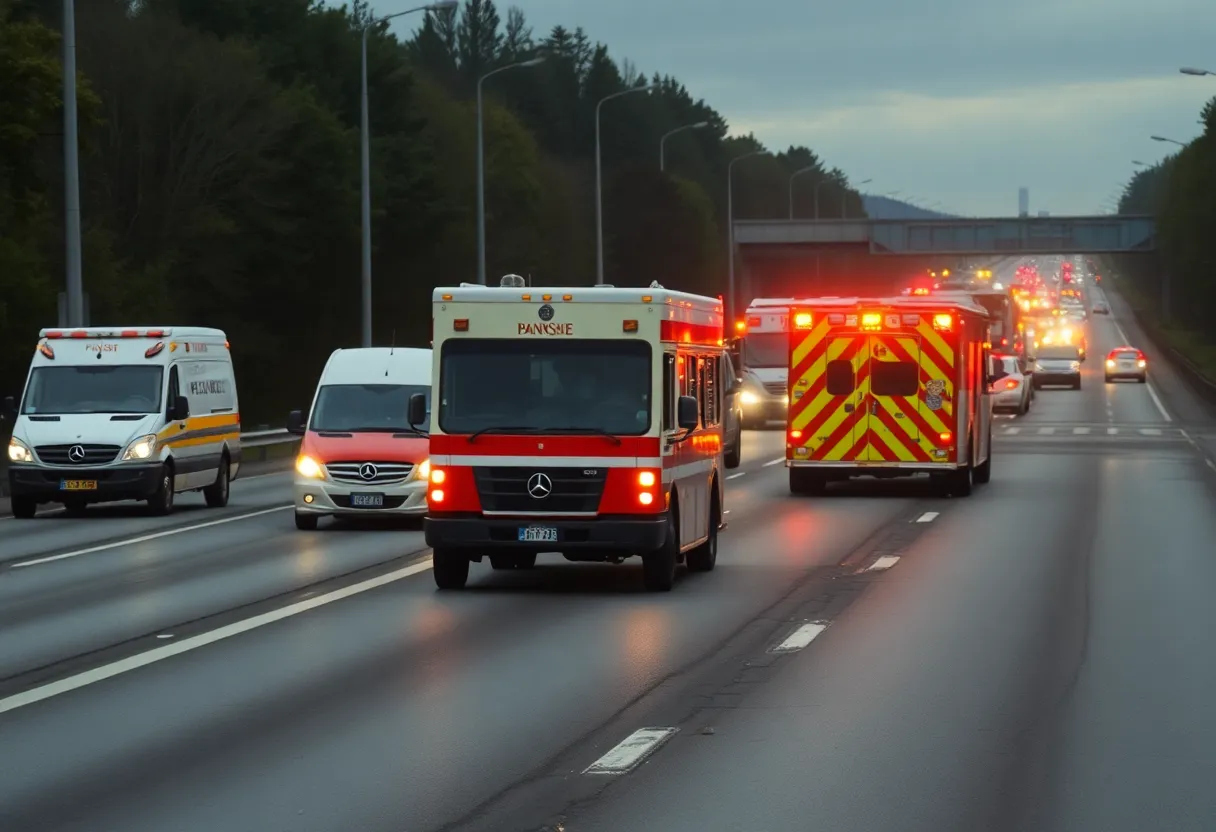 Emergency vehicles on the scene of a tragic accident on Charleston Highway.