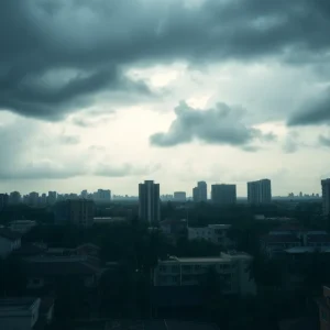 Dark clouds and heavy rain over Columbia as Tropical Storm Debby approaches