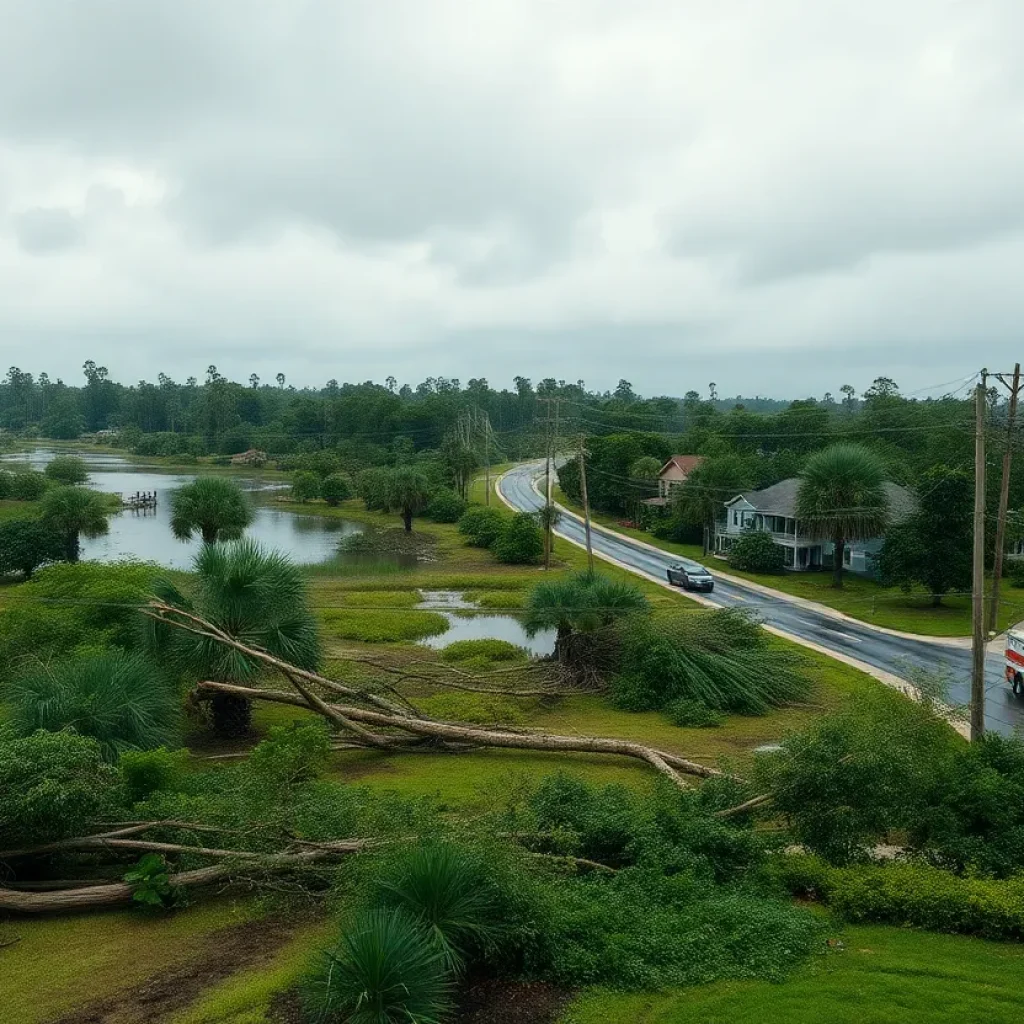 Aftermath of Tropical Storm Helene in South Carolina with downed trees and flooded roads