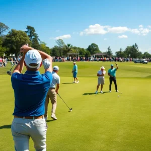 Golfer swinging on a green golf course with fans in the background