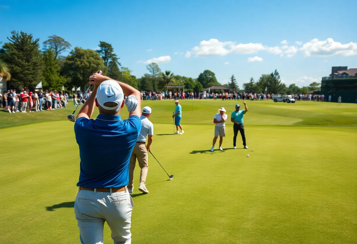 Golfer swinging on a green golf course with fans in the background