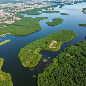 Aerial view of South Carolina showcasing water bodies and green landscapes.