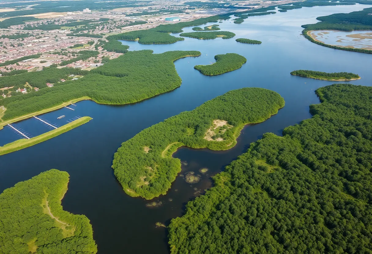 Aerial view of South Carolina showcasing water bodies and green landscapes.