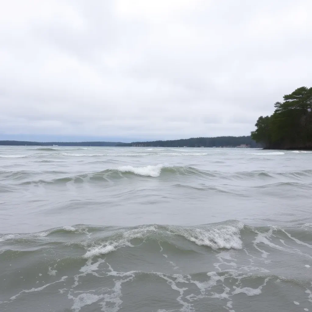 View of a lake showing windy conditions with white caps and trees swaying.