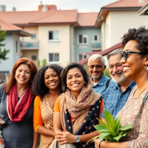 Diverse community members celebrating in front of an affordable housing project.