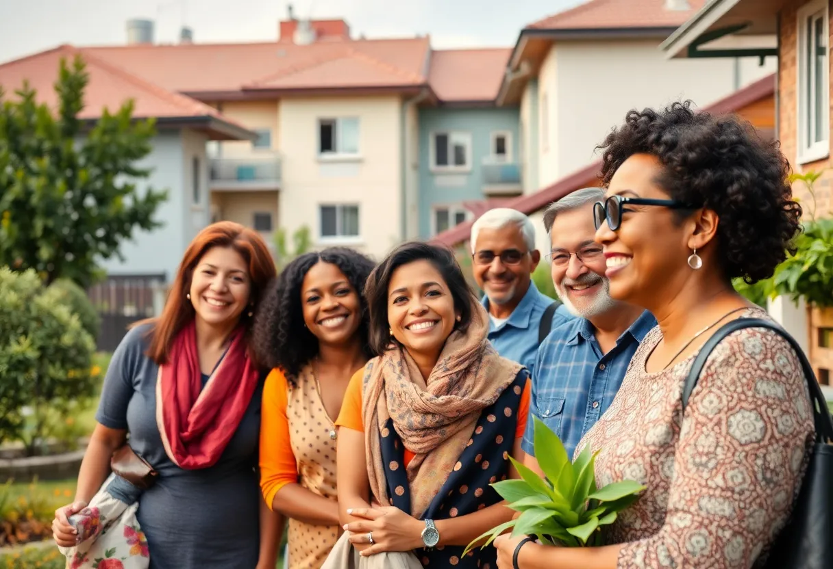 Diverse community members celebrating in front of an affordable housing project.