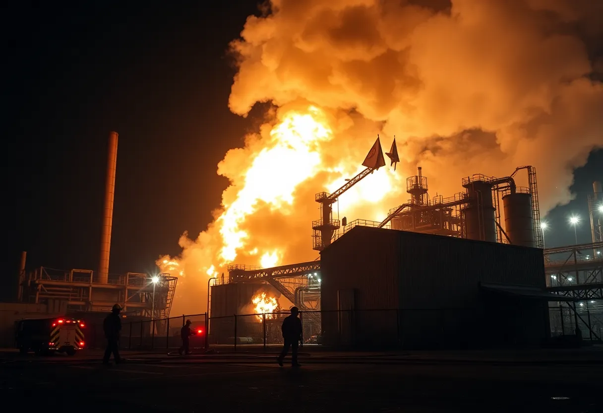 Firefighters battling a major fire at Amick Farms processing plant