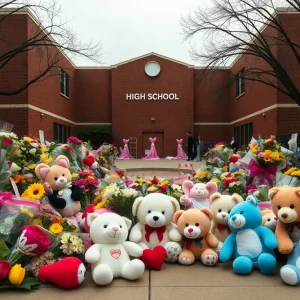 Memorial outside Antioch High School with flowers and stuffed animals