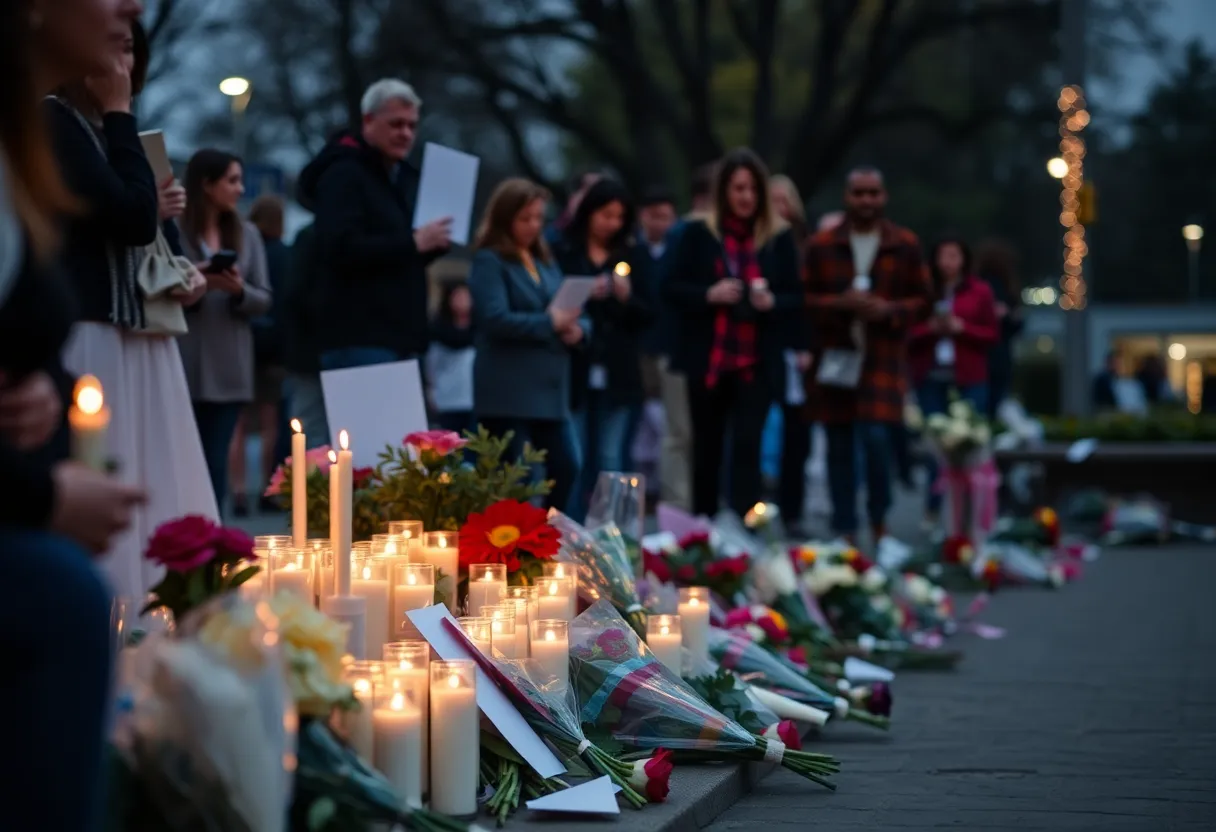 Community gathering with candles and flowers in remembrance of New Year's attack victims.