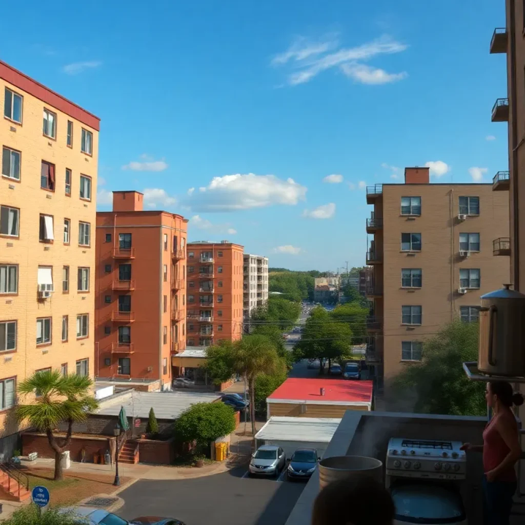 Image illustrating the boil water advisory in Columbia, SC, showing apartment buildings and boiling water.