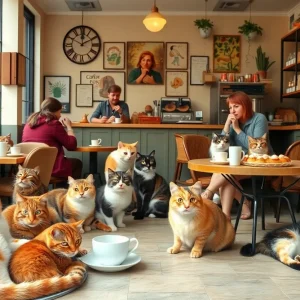 Cats in a cafe setting with customers enjoying coffee