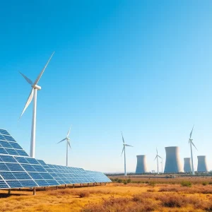 Futuristic landscape with solar panels, wind turbines, and nuclear power plants in South Carolina.