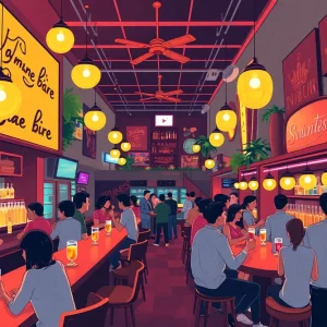 Illustration of a lively bar scene in Columbia with people enjoying the nightlife.