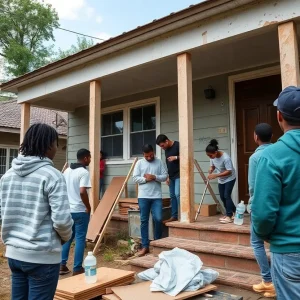 Students engaged in energy efficiency renovations in a Columbia neighborhood.