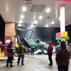 Damaged entrance of a gas station after a crash involving an elderly driver