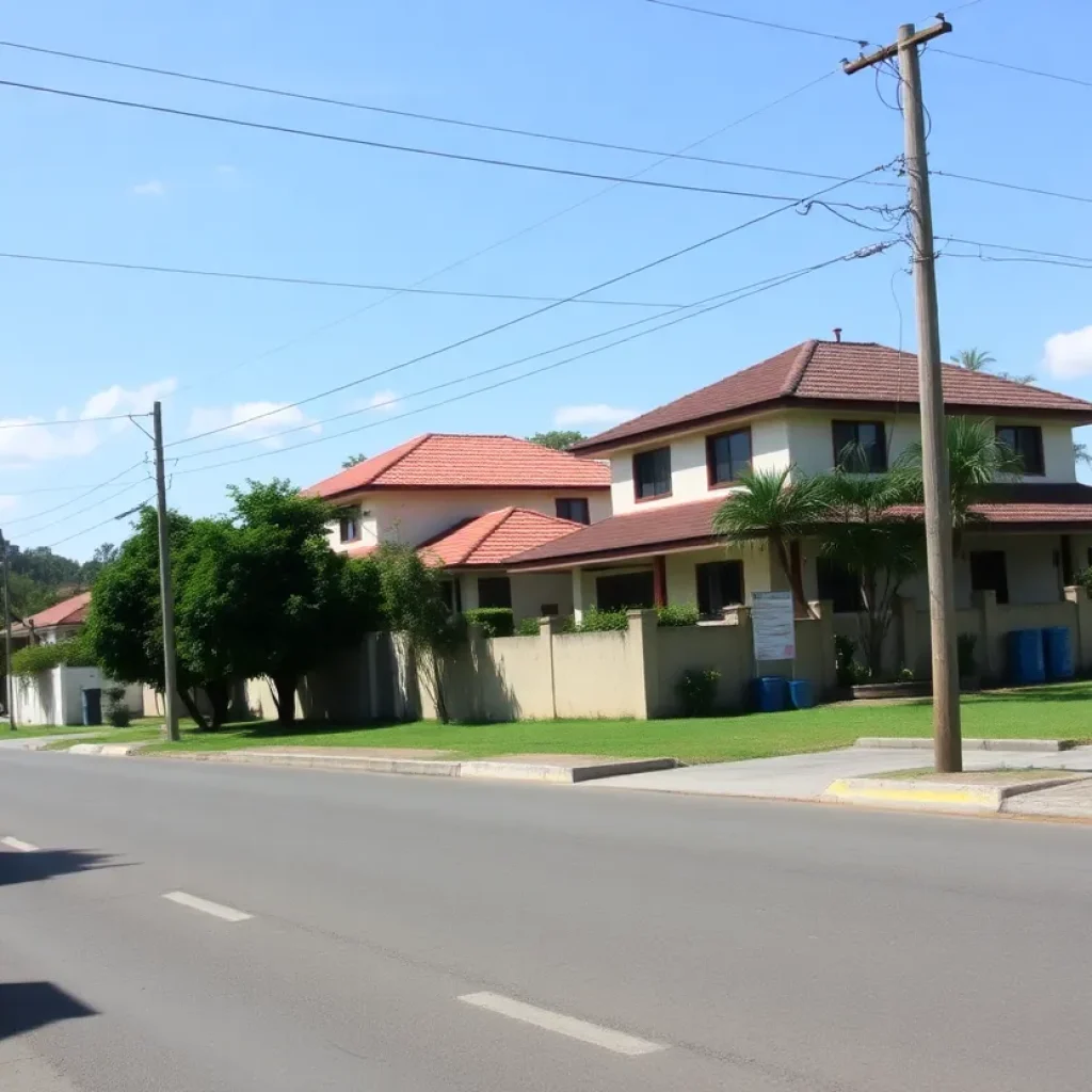 A street view of a Columbia neighborhood, illustrating homes and water systems.