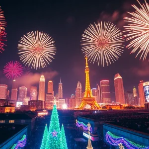 Fireworks over Columbia city skyline on New Year’s Eve