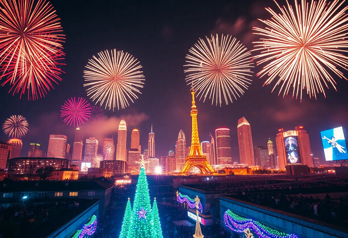 Fireworks over Columbia city skyline on New Year’s Eve