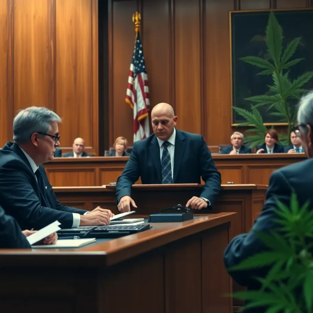 Courtroom scene depicting legal proceedings related to a police raid.