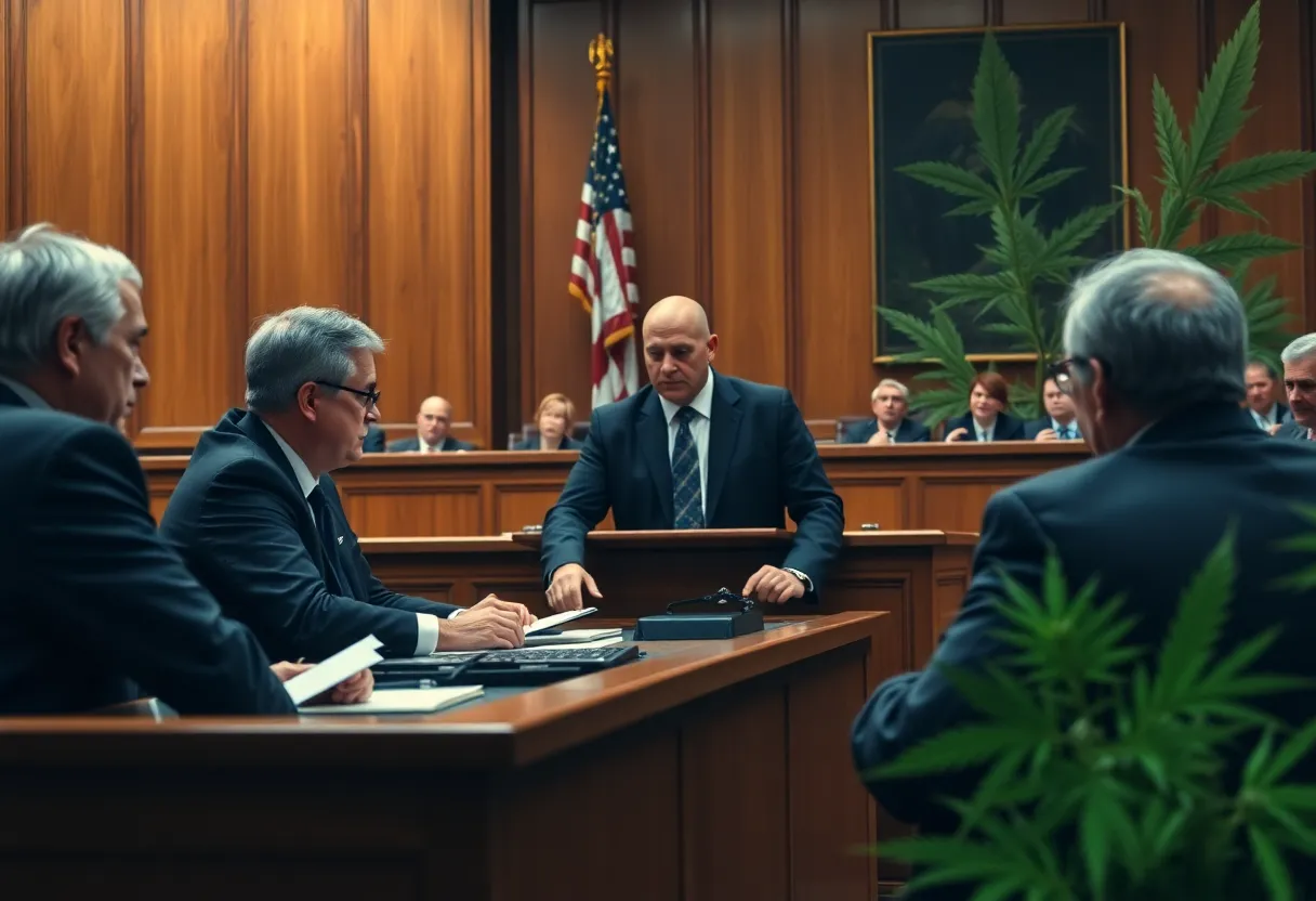 Courtroom scene depicting legal proceedings related to a police raid.