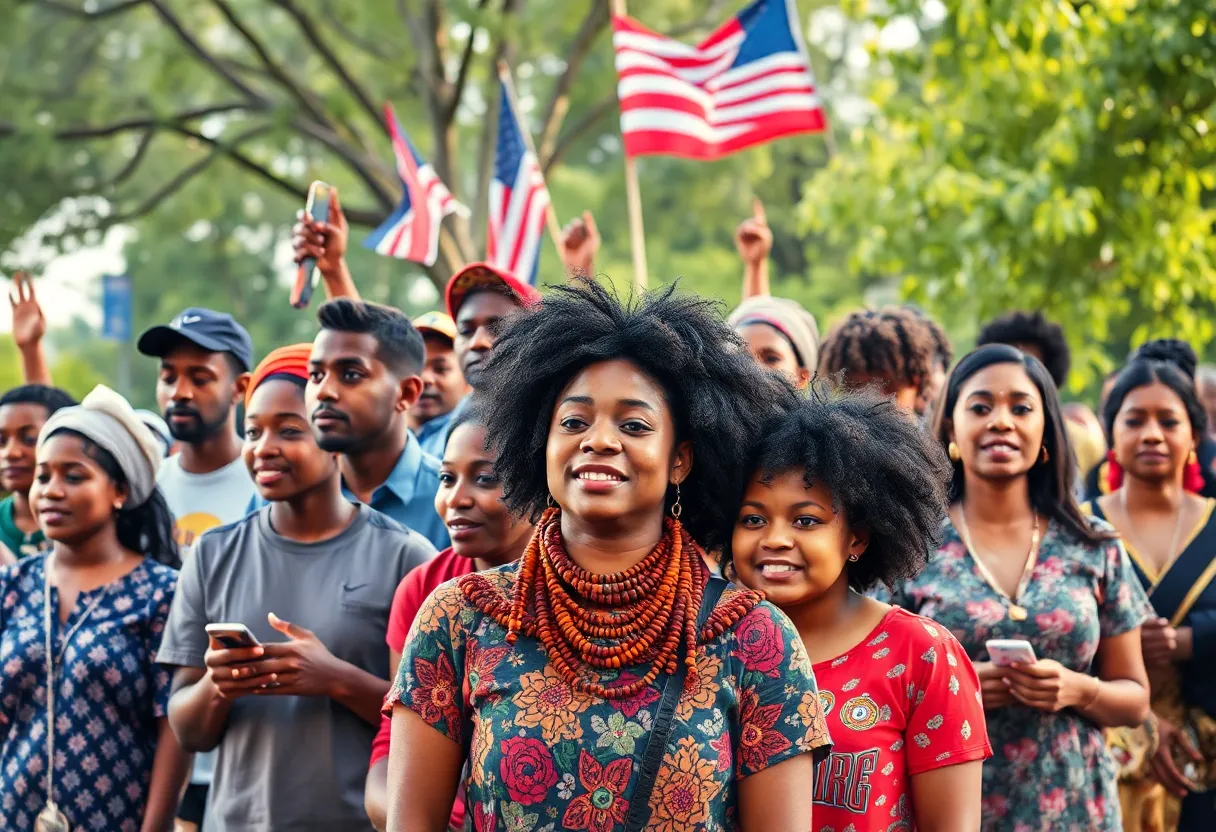 Diverse individuals representing the Columbia SC Ambassador Program in a vibrant cultural setting.