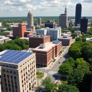 Cityscape of Columbia SC with renewable energy features