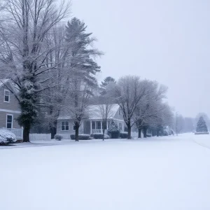 A winter scene of snow covering Columbia, South Carolina.