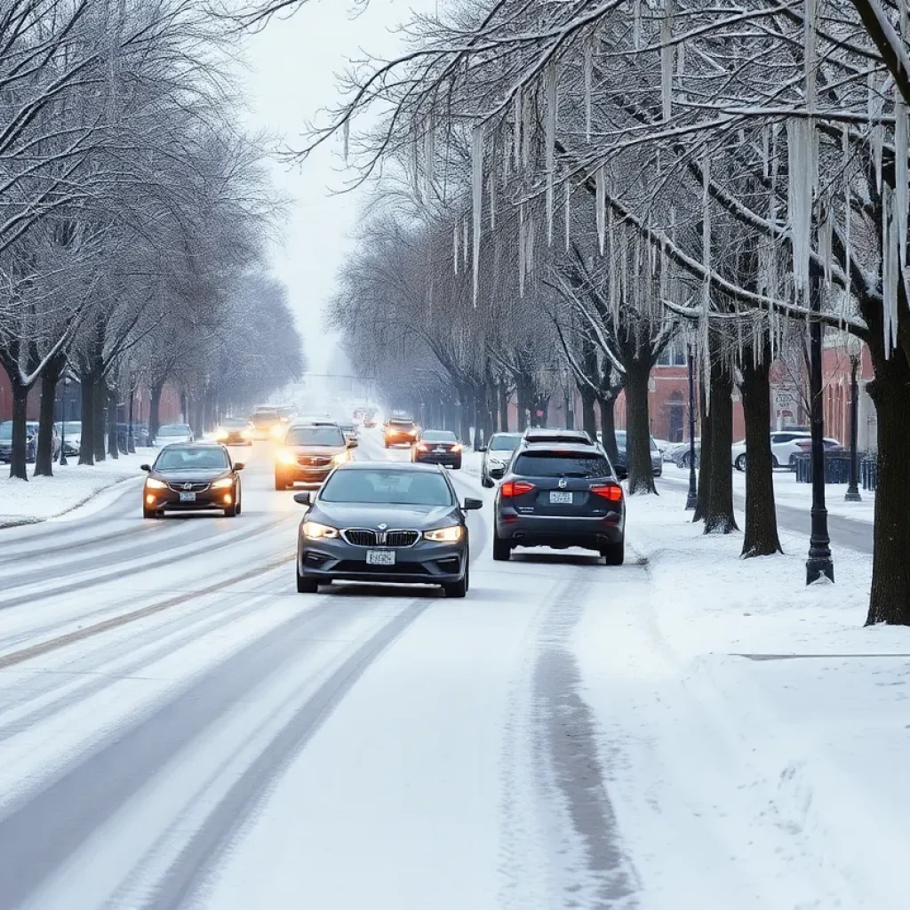 A snowy street in Columbia, SC during winter weather