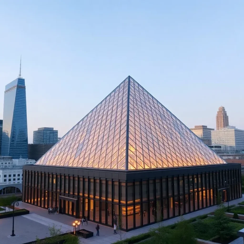 An artistic representation of Columbia's skyline featuring a giant metal pyramid.