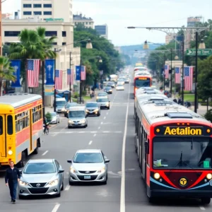 Urban street scene in Columbia, S.C. with vehicles and trains