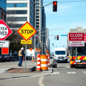 Construction workers repairing a water main in Columbia street