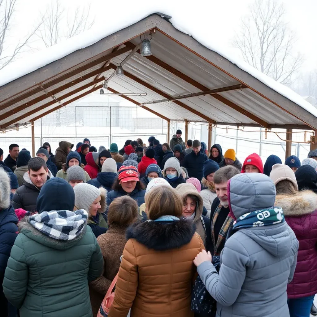 Community shelter in Columbia during winter with individuals seeking warmth