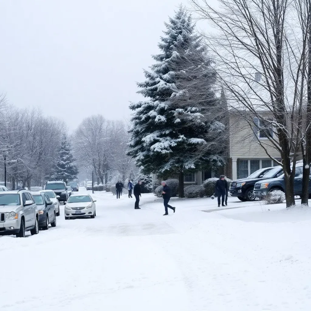 A snowy suburban neighborhood in Columbia preparing for a winter storm.