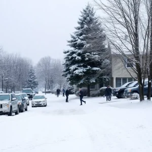 A snowy suburban neighborhood in Columbia preparing for a winter storm.