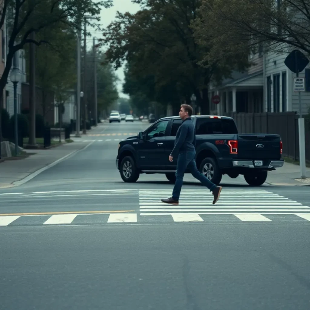 Empty pedestrian crosswalk in Columbia with a parked vehicle nearby.