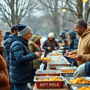 Volunteers serving warm meals at a community cookout.