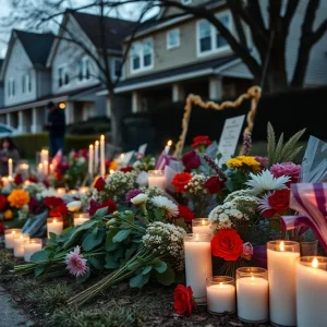 A memorial for a missing girl surrounded by candles and flowers.