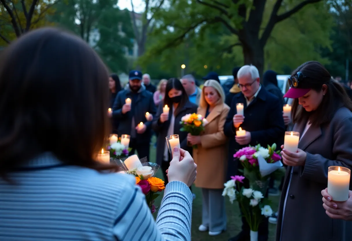 Community members holding candles in memory of the shooting victim