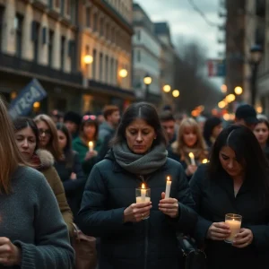 Community members lighting candles in mourning for a young girl.