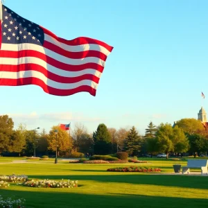 Landscape representing community remembrance with military elements.