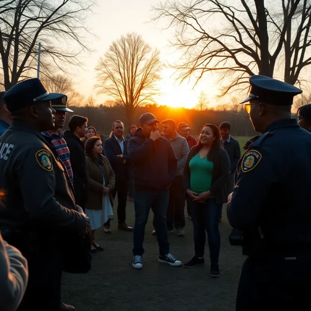 People in a park cooperating during a missing person search.