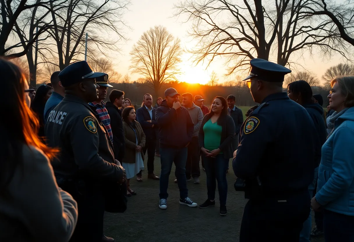 People in a park cooperating during a missing person search.