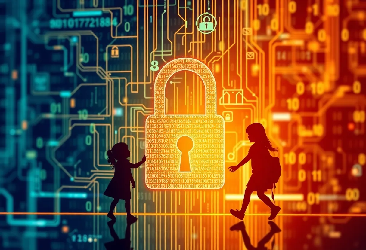 Illustration symbolizing cybersecurity threats and data protection for children.