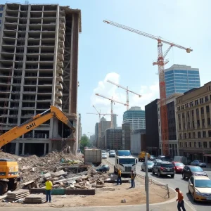 Construction site in Downtown Columbia showing demolition for credit union headquarters